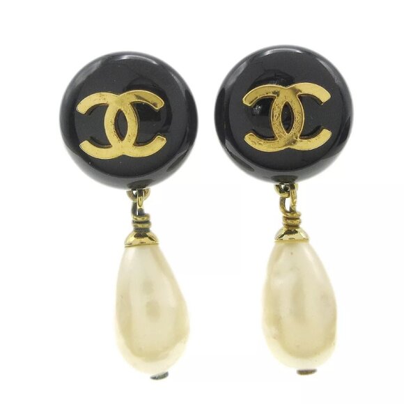 Chanel Artificial Pearl Dangle Earrings Clip-On Black 94A 28766 - Picture 1 of 4